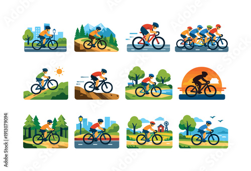 Colorful Bike Ride Icons. Bike riding scenes. Colorful flat vector icons set of bike riding scenes: city biking, mountain trail ride, road race, group cycling,
