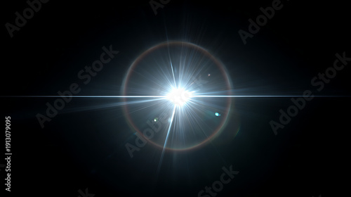 Bright Light Shining with Lens Flare Effect on Black Background