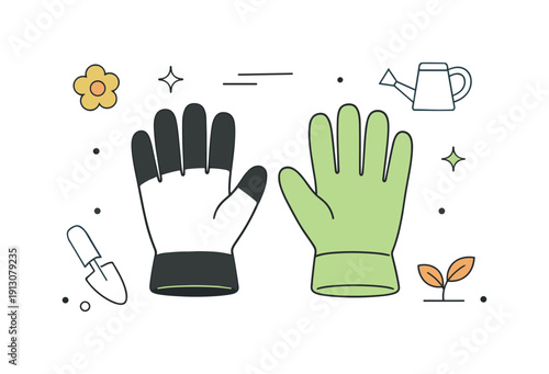    Garden gloves flat lay for editorial use. Soft-shaped gloves are arranged symmetrically, emphasizing texture and form without clutter. The