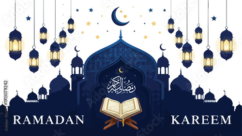 Digital illustration of a mosque with lanterns, crescent moon, and Quran on a stand, with 'Ramadan Kareem' text, against a white background with a dark blue silhouette.