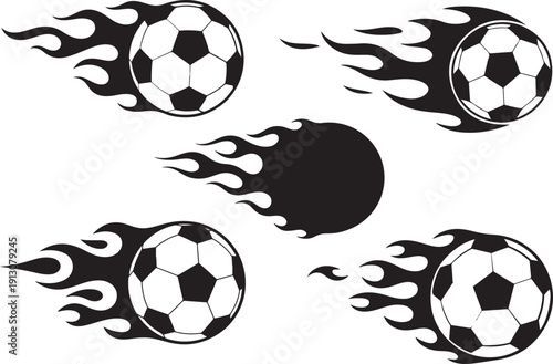 Set of flaming soccer balls and fiery sphere vector graphics isolated on transparent background