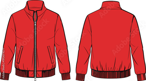 Bright Red Technical Vector Illustration of a Classic Bomber Jacket Front and Back View for Fashion Design Streetwear Apparel Manufacturing and Clothing Tech Pack Projects