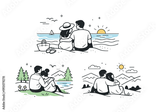 Couples in nature (beach, forest, mountains). A serene finaloreditorial scene showing a couple enjoying a quiet pause in nature, focused on