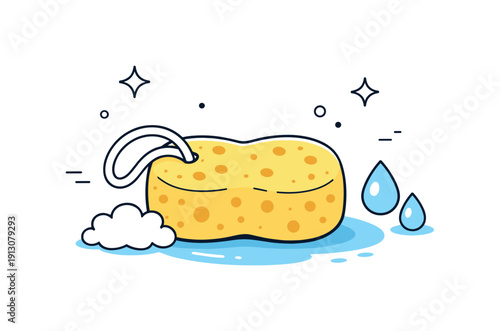 Gentle Bathing Bliss. Bath sponge. A soft bath sponge resting near water droplets, clean and calming. The scene suggests everyday self-care and relaxation.