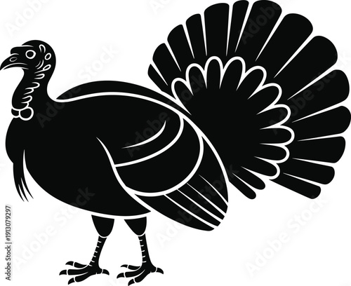 Black vector silhouette of a large turkey bird with fanned tail feathers for Thanksgiving holiday harvest festival farm wildlife and poultry meat branding,