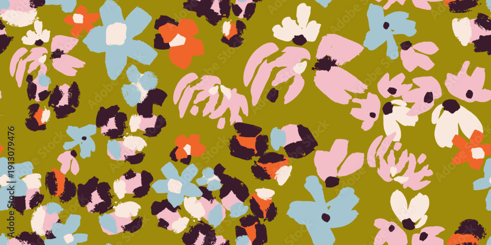 Fototapeta premium Abstract vector pattern merging stylized flowers and leopard-inspired spots in soft pink, sky blue, coral, cream and charcoal on a rich olive green background