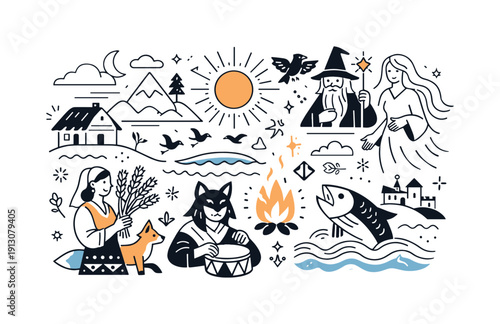 Folklore-inspired visual narrative. A scene showing mythical characters and traditional symbols arranged like a story panel. Calm, timeless