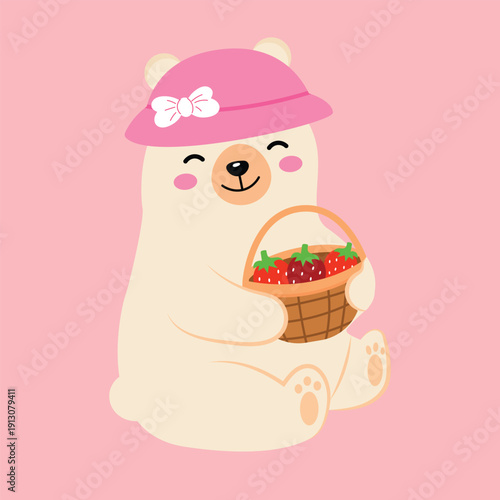 Cute cartoon polar bear wearing a pink hat and holding a basket full of fresh strawberries, perfect for sweet and playful designs