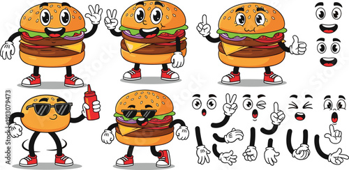 Hamburger character set, cartoon food mascot, customizable expressions, anthropomorphic burger, fun design, playful gestures, creative art, flat vector illustration