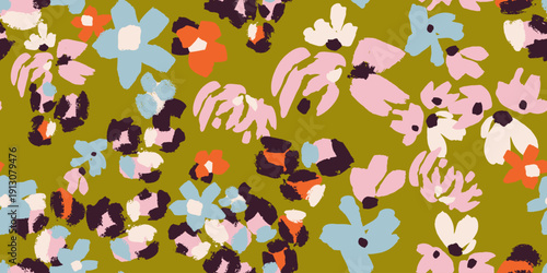 Abstract vector pattern merging stylized flowers and leopard-inspired spots in soft pink, sky blue, coral, cream and charcoal on a rich olive green background