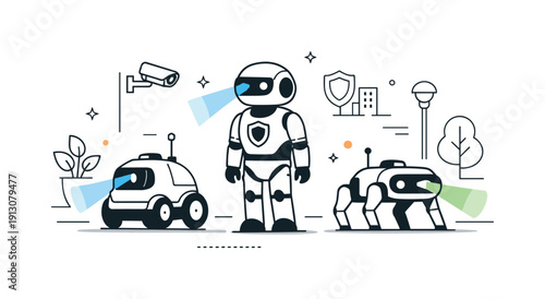 AI security patrols. Autonomous robotic units calmly monitoring a clean urban or facility space, scanning surroundings with soft sensor