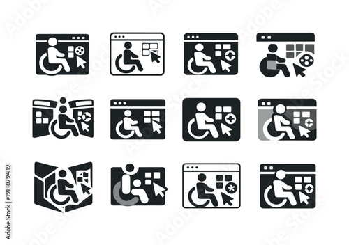    Accessible UX/UI. Icon set. Set Logo of Accessible UX/UI: inclusive interface layout. harmonious logo variations of the same emblematic
