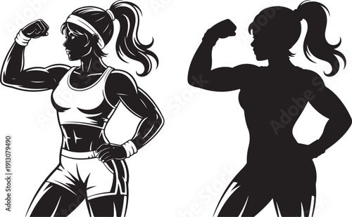 Sporty strong woman in gym clothes flexing biceps on transparent background