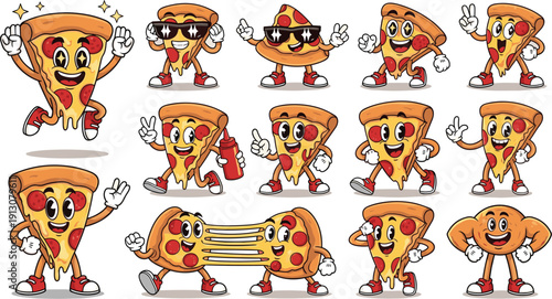 Pizza slice characters illustration, anthropomorphic food art, fun design, cartoon style, playful expressions, creative mascot, entertainment concept, flat vector 
