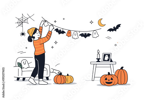 Decorating home for Halloween. Character hanging decorations and placing pumpkins, cozy and playful atmosphere. Clean editorial scene with