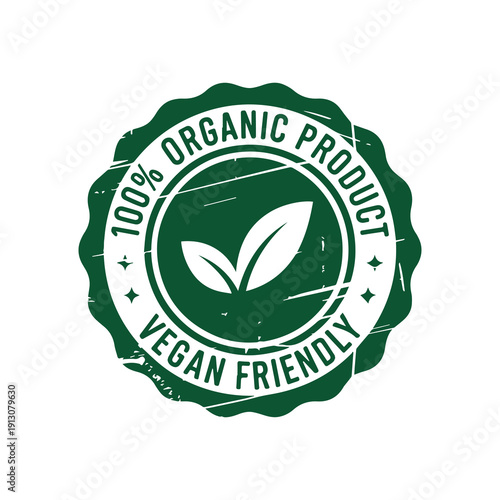 Green organic product label illustration showing 100 certified vegan friendly seal with leaf icon