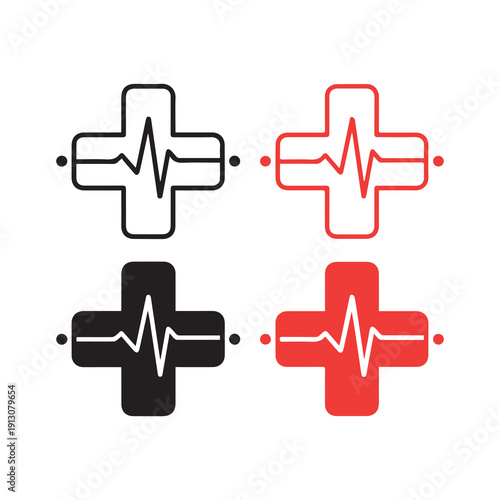 Bold medical cross symbols with pulsating heartbeat lines in black white and red against a clean background minimalist healthcare design elements for wellness and emergency concepts in medical