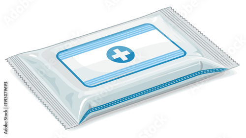 First aid wipes pack with blue cross symbol and white background  