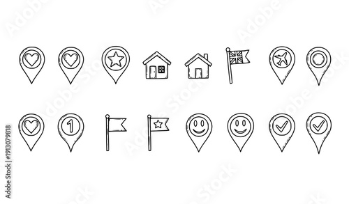 Cute doodle planner pin icon set hand drawn location marker vector collection