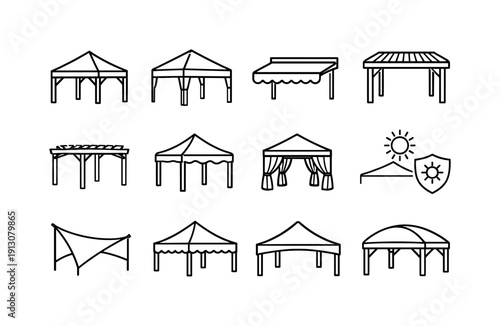 Shade Canopy. Line icon set of Shade Canopy: outdoor canopy, garden shade tent, retractable awning, freestanding canopy, pergola cover,