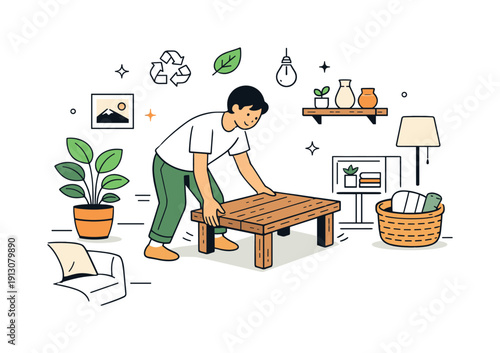 Sustainable interior design. A person placing reclaimed wood furniture into a room, focused and satisfied. The illustration suggests mindful