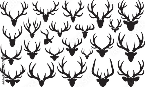 Gallery of black deer antlers silhouettes on checkered background, various sizes