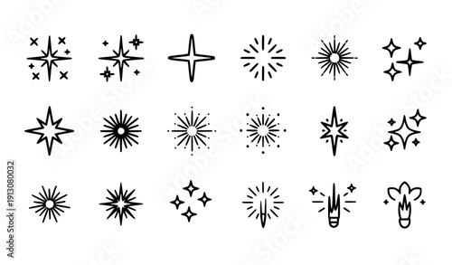 Bright sparkle star and flash icon set black shine light effect vector collection