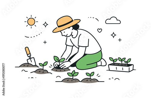 Planting vegetables. Person kneeling and planting seedlings into soil, gentle focus and mindful activity. Visual story of growth, patience,