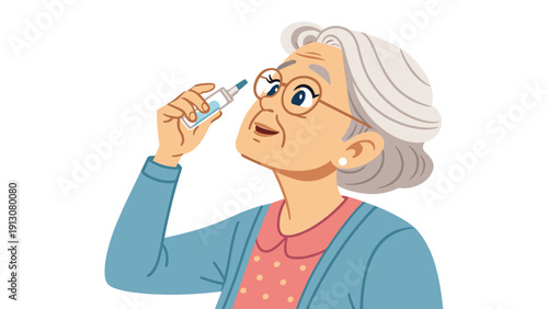 Elderly woman applying eye drops while looking up indoors  