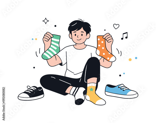 Mismatch objects harmony. Person holding two different socks or wearing non-matching shoes with casual ease. Playful individuality shown