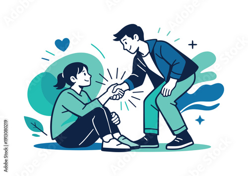 Gentle Kindness Exchange. Small acts of kindness. One person offers help to another, gentle smiles and soft