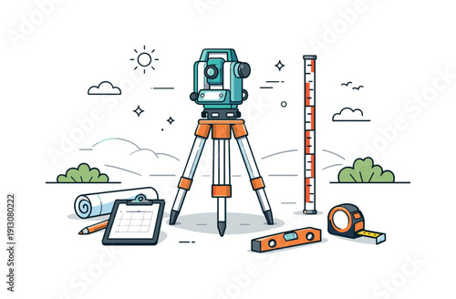    Surveying instruments. A clean outdoor scene with a tripod-mounted theodolite and measuring tools placed neatly nearby. Calm professional