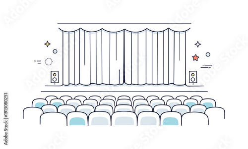 Empty theater interior. A wide view of seat rows fading into perspective, stage curtains closed, quiet stillness. Clean editorial composition