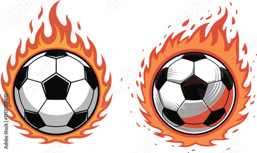Fiery soccer balls graphic design with abstract flames isolated on checkered background
