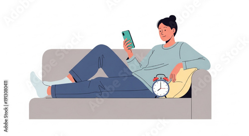 Relaxed Person in Pajamas Lounging on Couch with Smartphone and Alarm Clock – Lazy Morning Lifestyle Vector Illustration
