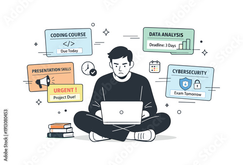 Focused Learning Journey. Reskilling pressure impact. An adult learner surrounded by floating course cards and deadlines, sitting quietly with focused posture.
