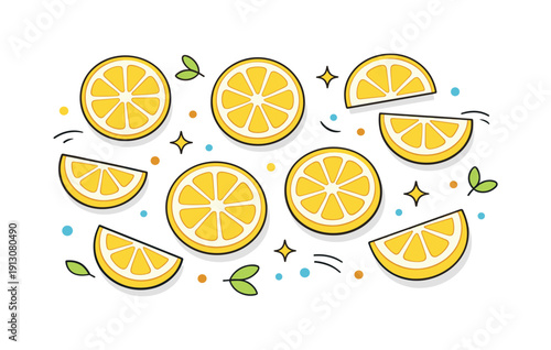 Lemon slices flat lay. Loose lemon slices scattered gently in a balanced overhead arrangement. The mood is fresh and cheerful, suggesting