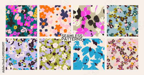 Seamless floral vector pattern collection featuring eight distinct designs with expressive brushstroke blooms in vibrant and muted palettes