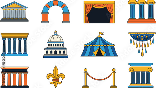 Collection of flat style vector illustrations including Greek columns, theater stages, circus tents, and government domes for architectural and entertainment graphic design elements.