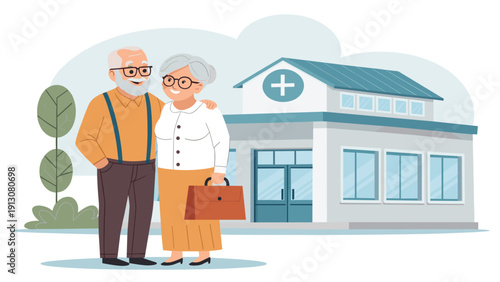 Elderly couple smiling together outside a health care clinic  