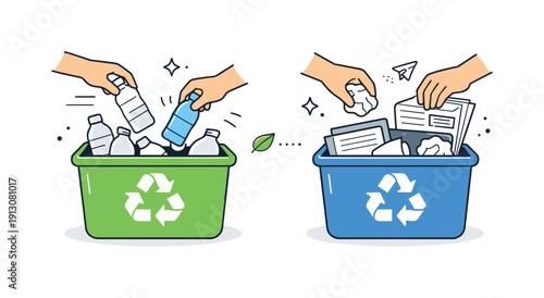 Recycling bin organization. Hands sorting bottles and paper into separate bins, expressing simple habits and mindful environmental action.