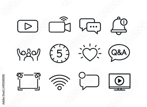   Live Streaming Ideas. Line outline icon set of Live Streaming Ideas: live broadcast icon,