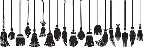 Collection of various witch brooms and cleaning tools on transparent background