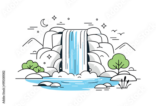 Waterfall landscape. A tall waterfall flowing gently over smooth rocks, calm natural rhythm and balance. Soft mist lines and simple shapes