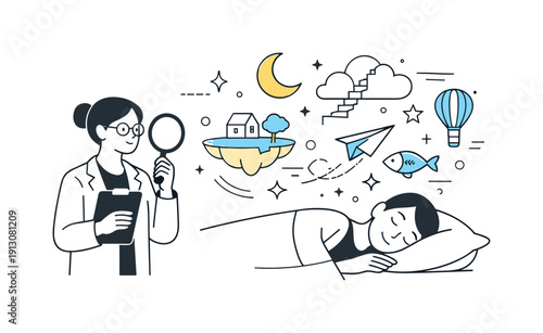 Dream Analysis Illustration. Science of dreaming. A researcher observing abstract dream symbols emerging from a sleeping figure, calm and analytical. The