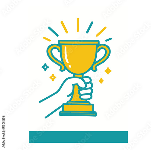 Colorful line drawing of hand holding trophy cup, symbol of victory and success