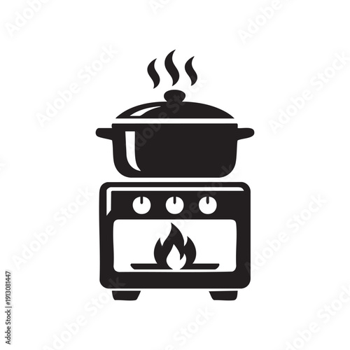 Classic kitchen stove with pot and flame icon