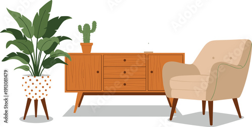 WebMid Century Modern Living Room Illustration Featuring Wooden Sideboard Cabinet Stylish Armchair Potted Houseplants Cactus and Tropical Leaf Plant in Polka Dot Pot Interior.
