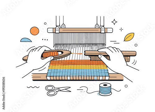 Traditional silk weaving in small workshops. Close view of hands weaving colorful silk threads on a traditional loom, showing patience and