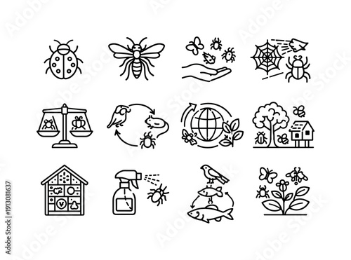    Biological Pest Control. Line icon set of Biological Pest Control: ladybug predator, parasitic wasp, beneficial insect release, natural